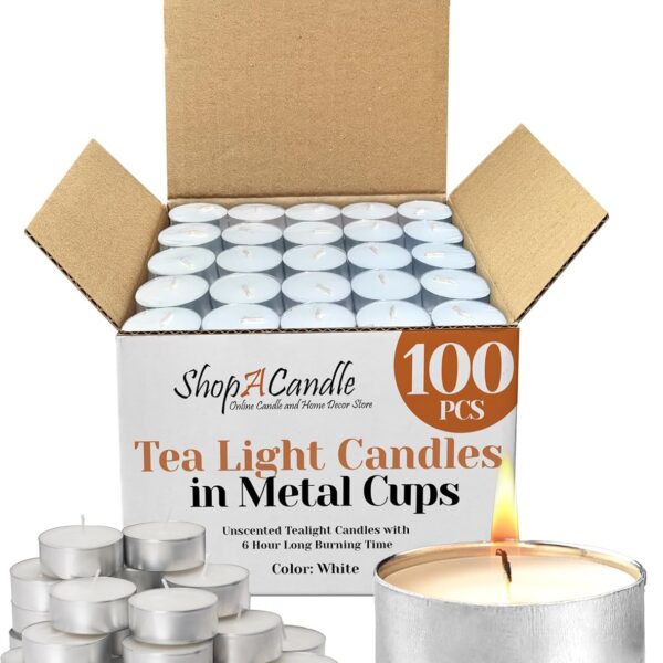 100 Pack Tealight Candles in Metal Cups - Clean White Unscented with 6 Hour Long Burning Time - Votive Candles Bulk for Romantic Dinner, Weddings, Spa & Hotels by PARNOO