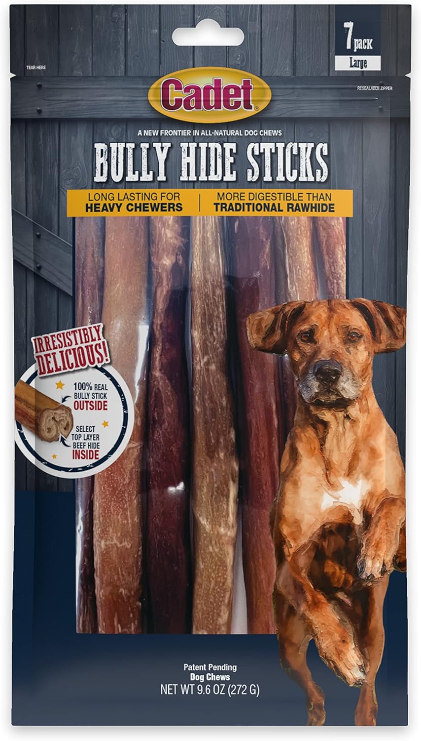 Cadet Bully Hide Sticks for Large Dogs, All-Natural Beef Pizzle, Limited-Ingredient Long-Lasting Dog Chews for Aggressive Chewers, 7 Count Cadet Bully Hide Sticks for Large Dogs, All-Natural Beef Pizzle, Limited-Ingredient Long-Lasting Dog Chews for Aggressive Chewers, 7 Count