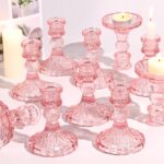 Glass Candle Holder Set of 12, Pink Taper Candle Holders Bulk, Vintage Candlestick Holders, Candle Stick Holder for Table Centerpieces, Wedding & Mother's Day