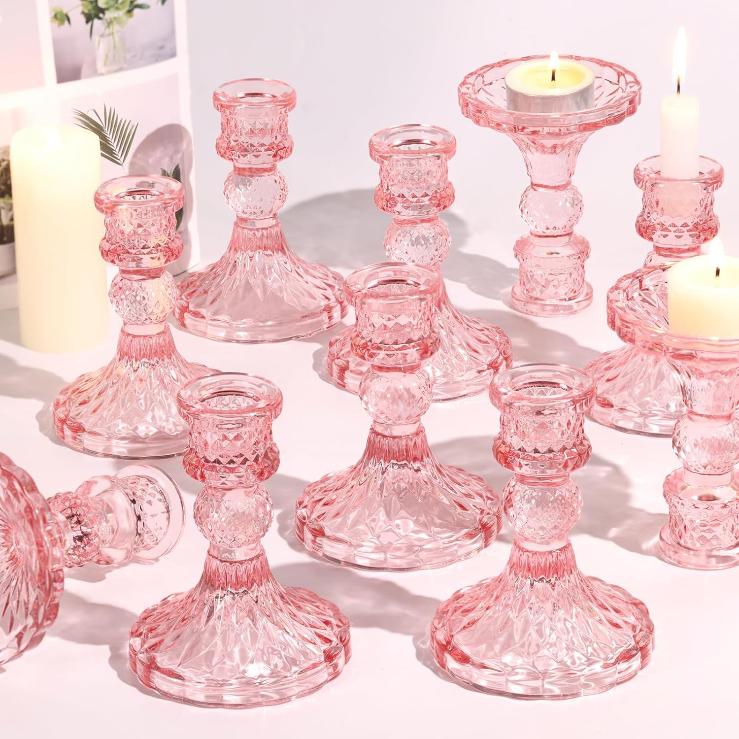 Glass Candle Holder Set of 12, Pink Taper Candle Holders Bulk, Vintage Candlestick Holders, Candle Stick Holder for Table Centerpieces, Wedding & Mother's Day Glass Candle Holder Set of 12, Pink Taper Candle Holders Bulk, Vintage Candlestick Holders, Candle Stick Holder for Table Centerpieces, Wedding & Mother's Day
