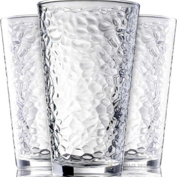 Set of 10 Hammered Glass Cups, 16oz. Dishwasher Safe Cocktail Drinking Glasses - Clear Heavy Base Stemmed Water Glasses, Tall Beer Glasses, Bar Glass, Juice, Iced Tea, Margarita, & Everyday Drinks