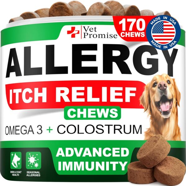 Dog Allergy Relief Chews - 170 Dog Allergy Chews - Itch Relief for Dogs - Anti Itch for Dogs - Dry & Itchy Skin - Allergies & Immune Support Supplement, Omega 3 Fish Oil, Colostrum - Made in USA