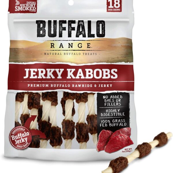 Buffalo Range Rawhide Jerky Kabobs, Jerky Dog Treat, Grass-Fed Buffalo Rawhide Chews, Healthy Dog Treat, Meat Kabob, Puppy Chews, No Added Fillers or Dyes, Hickory Smoked Flavor, 18 Count