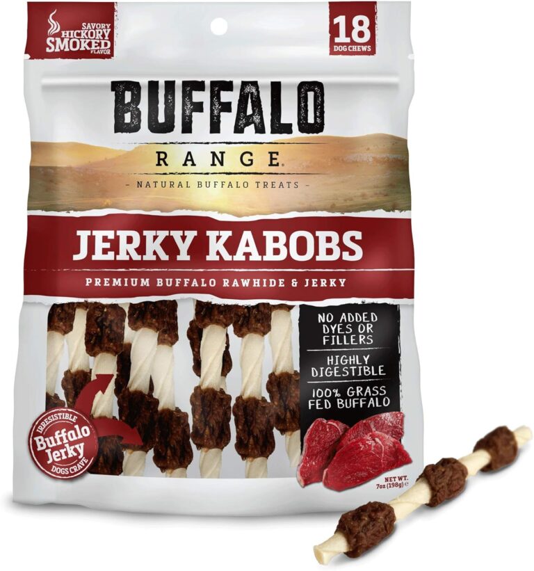 Buffalo Range Rawhide Jerky Kabobs, Jerky Dog Treat, Grass-Fed Buffalo Rawhide Chews, Healthy Dog Treat, Meat Kabob, Puppy Chews, No Added Fillers or Dyes, Hickory Smoked Flavor, 18 Count