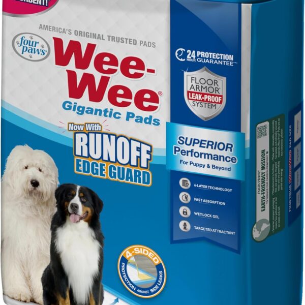 Four Paws Wee-Wee Superior Performance Pee Pads for Dogs with Runoff Barrier Edge Guard Protection, Puppy & Dog Potty Training Pads, Housebreaking Supplies, 27.5" x 44" (8 Count)