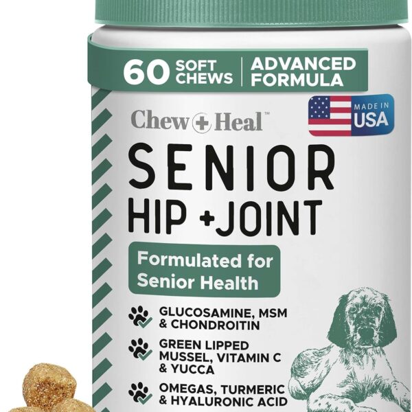 Chew + Heal Labs Glucosamine for Dogs Hip and Joint Supplement - 60 Senior Dogs Mobility Soft Chews - Made with Glucosamine, MSM, Chondroitin, Green Lipped Mussels and More - Made in The USA