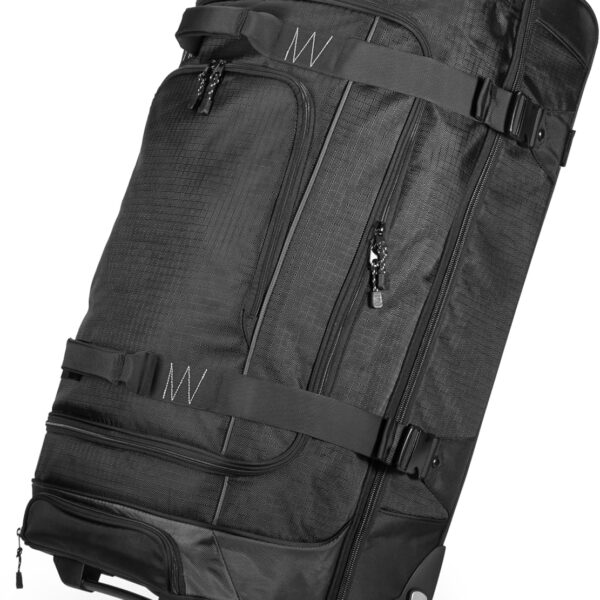 Amazon Basics 30-Inch Large Rolling Duffle Bag with Wheels and Handle, Travel Duffle Bag with Durable Ripstop Polyester Material, 2 Layers of Space, Multiple Interior and Exterior Pockets, Black