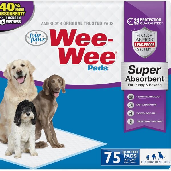 Four Paws Wee-Wee Super Absorbent Unscented Pee Pads for Dogs & Puppies with Insta-Rise Border, Leak-Proof Dog Housebreaking Potty Training Floor Protection, 24" x 24", 75 Count (Packaging May Vary)