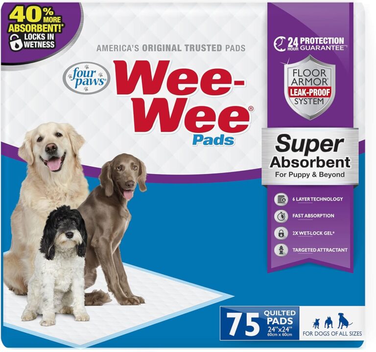 Four Paws Wee-Wee Super Absorbent Unscented Pee Pads for Dogs & Puppies with Insta-Rise Border, Leak-Proof Dog Housebreaking Potty Training Floor Protection, 24" x 24", 75 Count (Packaging May Vary)