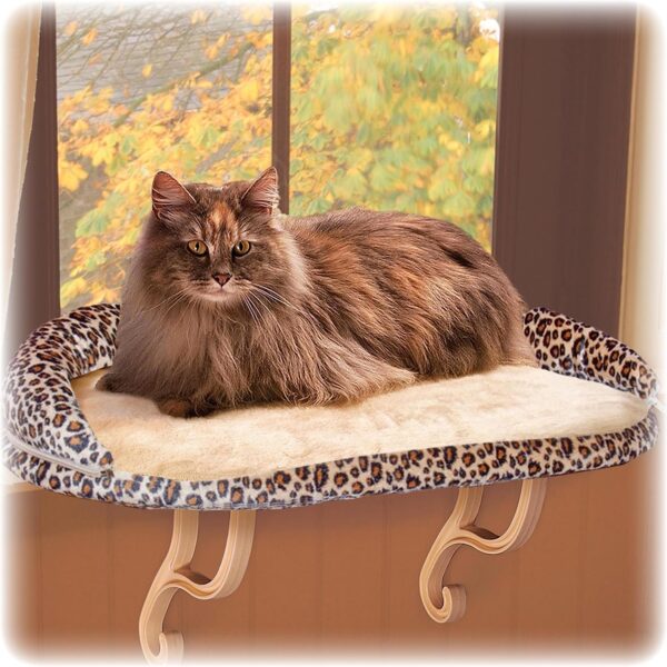 K&H Pet Products Bolster Kitty Sill Cat Window Perch Bed for Large Cats, Orthopedic Window Hammock Holds 40 lbs, Washable Cover, Indoor Windowsill Furniture Bed Seat - Tan/Leopard Unheated 14 X 24in