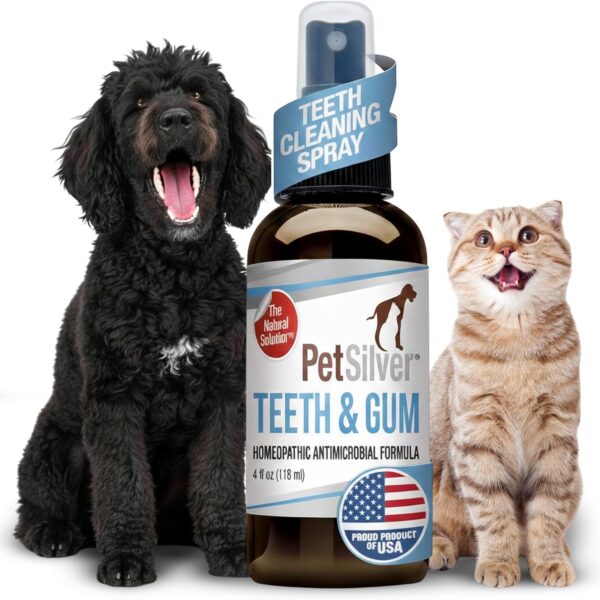PetSilver Teeth & Gum Spray - Dog Dental & Teeth Cleaning Spray for Plaque & Tartar Build-Up Reduction - Natural Breath Freshener for Dogs and Cats - Patented Chelated Silver - Made in The USA - 4 oz