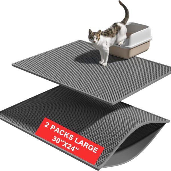 Pieviev 2 Packs Cat Litter Mat Double Layer Waterproof Urine Proof Trapping Mat (30''X24'', Gray)
