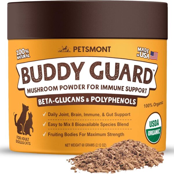 Petsmont Buddy Guard for Lumps and Bumps, Lipoma for Dogs & Cats, Patent Pending Organic 8 Mushroom Powder Blend Natural Dog Probiotic & Immune Support Chaga, Reishi, Lion's Mane, Turkey Tail Mushroom