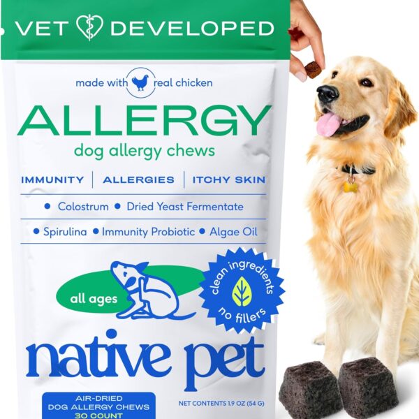 Native Pet Dog Allergy Chews - Dog Allergy Relief with Probiotics and Colostrum for Itchy Skin Relief to Support Seasonal Allergy and Healthy Immune System - All Natural Anti-Histamine - 30 Chews