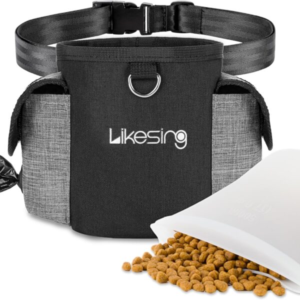 Likesing Dog Training Pouch with 2 Cup Silicone Bag, Dog Treat Pouches for Pet Training with Clicker, Adjustable Belt, Poop Bags roll, 2 Ways Wear, for Outdoor Walks, Training, and Travel