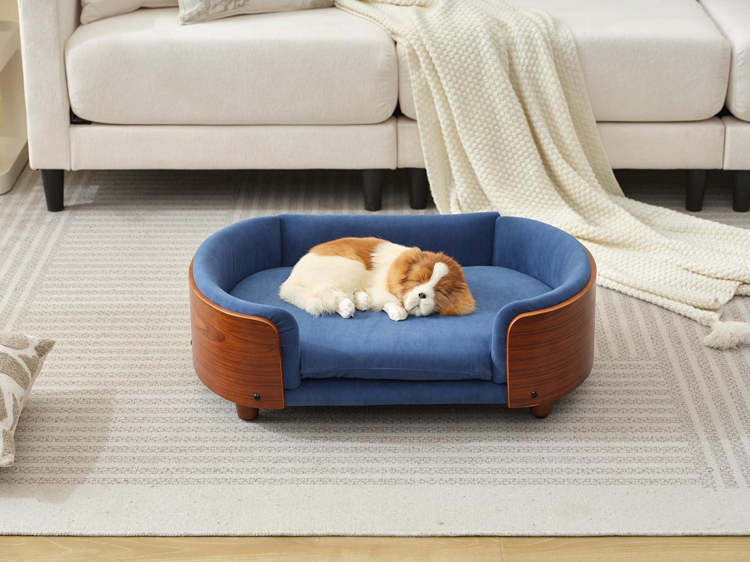 Scandinavian Style Elevated Dog Bed, Pet Sofa with Solid Wood Frame & Walnut Bent Wood Back, Orthopedic Support, Removable Washable Velvet Cover, Small Size, Dark Blue Scandinavian Style Elevated Dog Bed, Pet Sofa with Solid Wood Frame & Walnut Bent Wood Back, Orthopedic Support, Removable Washable Velvet Cover, Small Size, Dark Blue