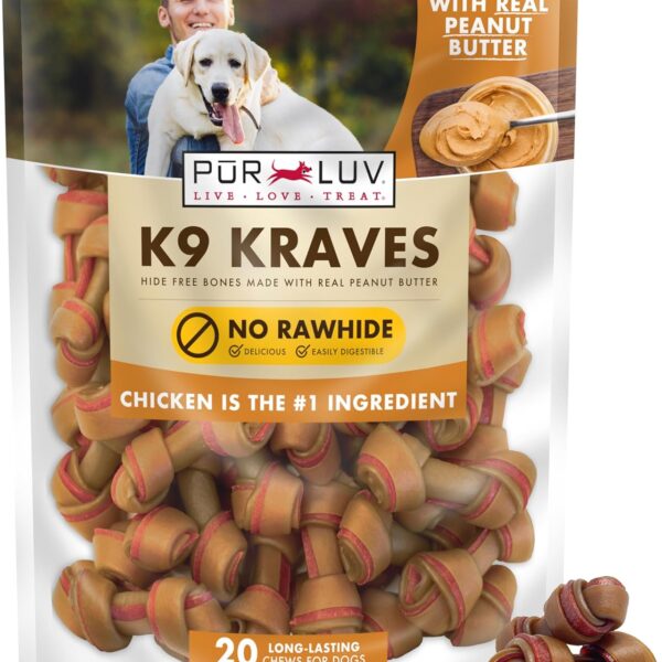 Pur Luv Dog Treats, K9 Kraves Rawhide Free Bone Dog Treat, Peanut Butter Flavor, Made with Real Peanut Butter and Chicken, 20 Count, Healthy, Easily Digestible, Long-Lasting, High Protein