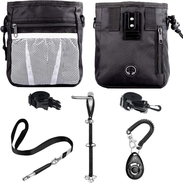 4-in-1 Dog Training Set, Puppy Training Treats- Dog Treat Training Pouch, Dog Whistle, Dog Doorbells, Dog Clicker, Ideal Gift for First Time Pet Owners, Training Dog Owners (Black)