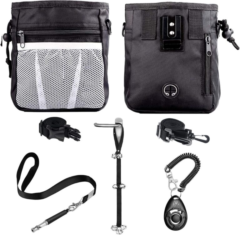 4-in-1 Dog Training Set, Puppy Training Treats- Dog Treat Training Pouch, Dog Whistle, Dog Doorbells, Dog Clicker, Ideal Gift for First Time Pet Owners, Training Dog Owners (Black)