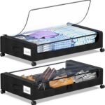 YAASHEEN Under Bed Storage with Wheels, 2-Pack Under the Bed Storage Containers with Clear Lids & Label, Underbed Storage Bins, XXL 60L Rolling Metal Drawer for Clothes, Shoes, Toys, Books - Black