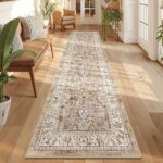 LOKHOM Washable Runner Rug, 2x8 Non-Slip Vintage Hallway Runner Rug with Rubber Backing, Boho Floral Soft Faux Wool Kitchen Rug Carpet Runner for Laundry Entryway Bedroom (Beige Brown)