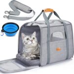 Morpilot Pet Travel Carrier Bag, Soft-Sided Dog Carrier Cat Carrier Pet Carrier, for Large Cats and Medium Puppies up to 25lbs, w/Locking Safety Zippers, Foldable Bowl (Light Gray)