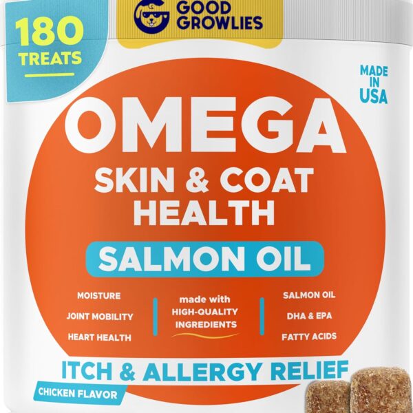 Omega 3 Fish Oil for Dogs (180 Ct) - Skin & Coat Chews - Dry & Itchy Skin Relief + Allergy Support - Shiny Coats - EPA&DHA Fatty Acids - Natural Salmon Oil Chews Promotes Heart, Hip & Joint Support