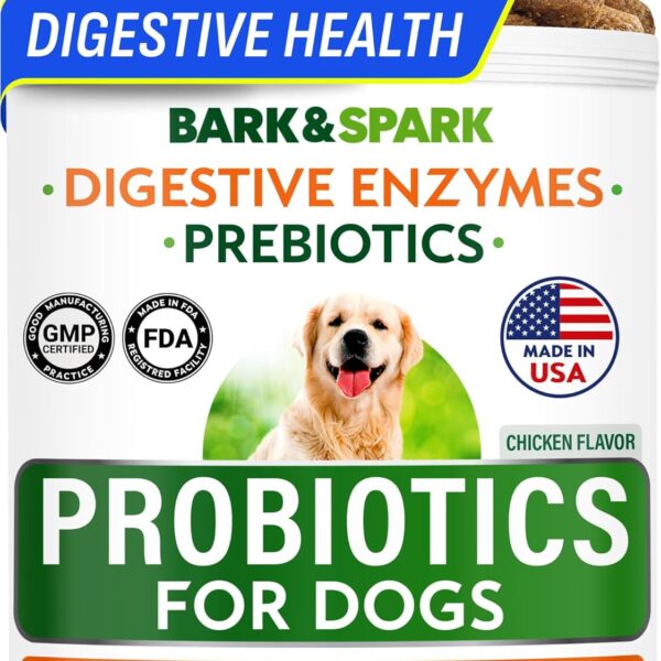 BARK&SPARK Probiotics for Dogs Digestive Health w/Enzymes - Diarrhea Gas Treatment Upset Stomach Relief - Allergy & Itchy Skin - Pet Dogs Probiotics - Digestion Supplement Treat (120Ct Chicken)