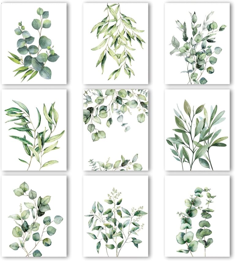 Zonon 9 Pcs Botanical Boho Bathroom Decor Plant Wall Prints, 10" x 8" Unframed Sage Green Leaves Decoration Posters, Eucalyptus Wall Decor, Minimalist Watercolor Art Prints for Living Bedroom Kitchen