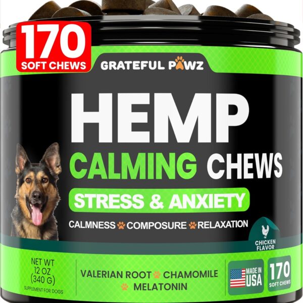 Grateful Pawz Hemp Calming Chews for Dogs - Dog Calming Chews - 170 Anxiety Relief Treats with Hemp Oil - Sleep Aid - Advanced Health Joint Support Supplement - Health & Wellness