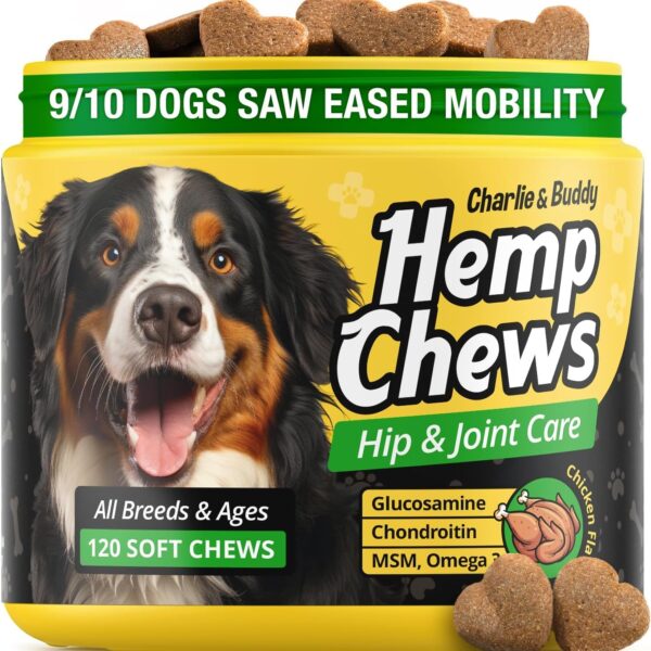 Hemp Hi and Jint Supplement for Dogs - 120 Hemp Treats with Glucosamine, Chondroitin, MSM, Turmeric - Dog Jint Pin Rlief Chews Improve Mobility, Flxibility, Strngthen Bones, Speed up Rcovery