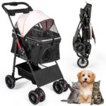 Pet Stroller with 4 Rolling Casters for Pets  Lightweight Multifunctional Travel Stroller with Mesh Windows, Cup Holder, Sun Shades & Storage Pocket for Puppy and Kitty