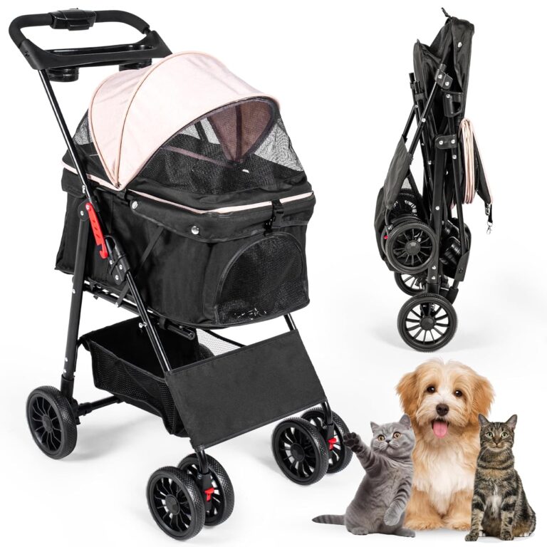 Pet Stroller with 4 Rolling Casters for Pets  Lightweight Multifunctional Travel Stroller with Mesh Windows, Cup Holder, Sun Shades & Storage Pocket for Puppy and Kitty