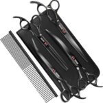 7.0in Titanium Professional Dog Grooming Scissors Set, GEMEK 6 in 1 Straight & Thinning & Upwards Curved & Downwards Curved Scissors & Comb for Dogs, Cats and Other Animals (Black)