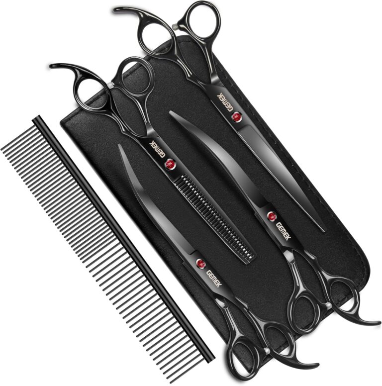 7.0in Titanium Professional Dog Grooming Scissors Set, GEMEK 6 in 1 Straight & Thinning & Upwards Curved & Downwards Curved Scissors & Comb for Dogs, Cats and Other Animals (Black)