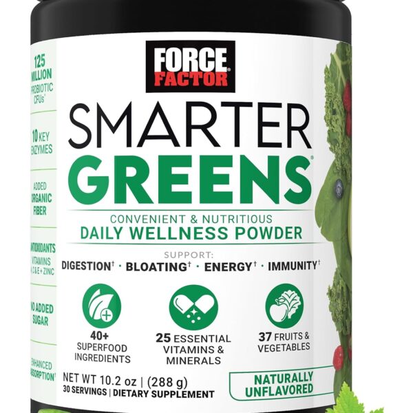 Force Factor Smarter Greens Daily Wellness Powder, Greens Superfood Powder to Support Gut Health, Bloating, & Digestion, with 40+ Superfoods, 125 Million CFUs of Probiotics, Unflavored, 30 Servings