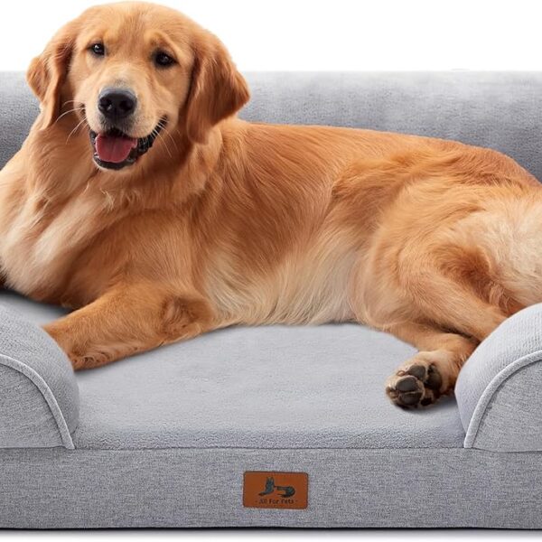 Warmrest Orthopedic Dog Beds for Large Dogs, Waterproof XL Pet Couch Bed with Soft Sides, Washable Dog Sofa with Flannel Removable Cover, 42" L Supportive Egg-Crate Foam Pet Sofa, Light Grey