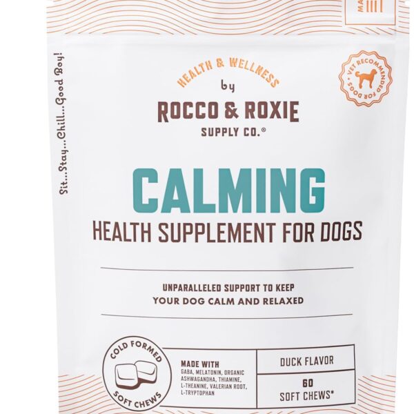 Rocco & Roxie Calming Chews for Dogs, Dog Anxiety Relief for Separation & Stress, Sleep Aid with Melatonin & Valerian for Large, Med, Small Dogs, Puppy Composure Treats, Supplements, 60ct
