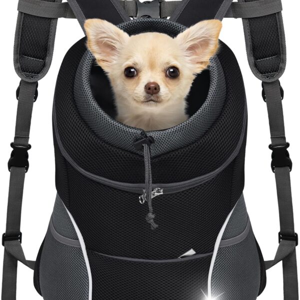 YUDODO Dog Front Carrier Backpack, Adjustable Breathable Pet Carrier for Small Dogs Cats, Ventilated Puppy Back Pack with Safety Belt, Lightweight Doggy Backpack for Hiking Outdoor (Black, M)