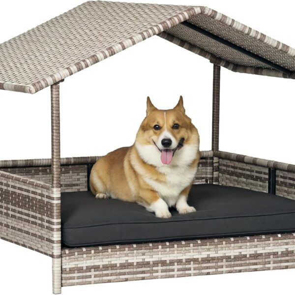 PawHut Wicker Dog House Outdoor with Canopy, Rattan Dog Bed with Water-Resistant Cushion, Raised Pet Bed for Small, Medium Breeds up to 66 lbs, 20" in Length, Gradient Gray Wicker & Cushion