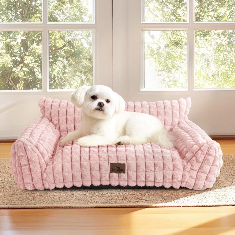 Cute Small Dog Couch Bed  Supportive & Fluffy Pet Sofa with Faux Rabbit Fur Washable Cover in 3D Diamond Pattern, 30" Pink