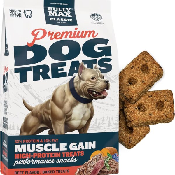 Bully Max Premium High Protein Dog Treats for Puppy & Adult Dogs - Training Dog Food Treats with 32% Protein, Real Meat, Veggies & BCAAs for Small, Medium & Large Breeds, Beef Flavor, 400g Bag