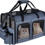Cat Carrier for 2 Cats, Foldable Double Cat and Dog Carrier, Small to Medium Size, 2 Front Zippered Compartments,Two Pets Carrier for Outdoor Travel,Mulitple Cat Carrier, Grey