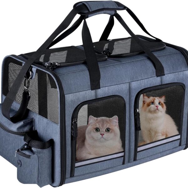 Cat Carrier for 2 Cats, Foldable Double Cat and Dog Carrier, Small to Medium Size, 2 Front Zippered Compartments,Two Pets Carrier for Outdoor Travel,Mulitple Cat Carrier, Grey