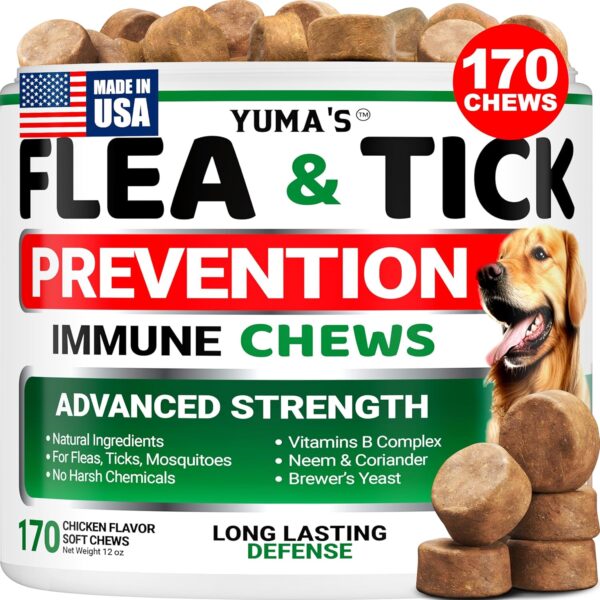 Flea and Tick Prevention for Dogs Chewables - 170 Treats - Natural Dog Flea and Tick Treatment Chewable Supplement - Oral Pills - All Breeds & Ages - Soft Chews - Made in USA - Chicken Flavor