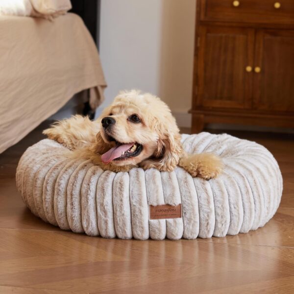 FUKUMARU Dog Bed, Calming Donut Dog Beds for Anxious Puppies, Modern Aesthetic Cat Bed with Gradient Print, Cute Round Pet Beds with Washable Cover, Orthopedic Puppy Bed, Camel, Small, 25 inches