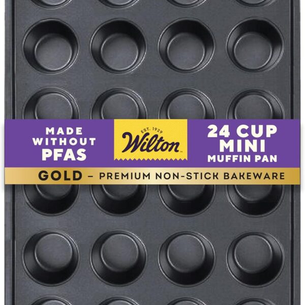 Wilton Gold Non-Stick 24-cup Muffin Pan, Stainless Steel Bakeware, Made without PFAs, 16 x 10 x 1 in., Packaging may Vary