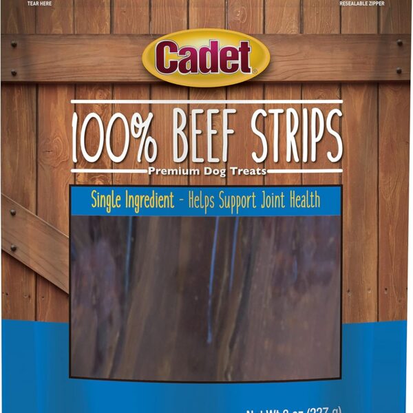 Cadet 100% Beef Strip Long Lasting Chews for Dogs, Single Ingredient Beef Esophagus Dog Treats, Natural High Protein Rawhide Alternative for Small & Large Dogs, 8 Ounce
