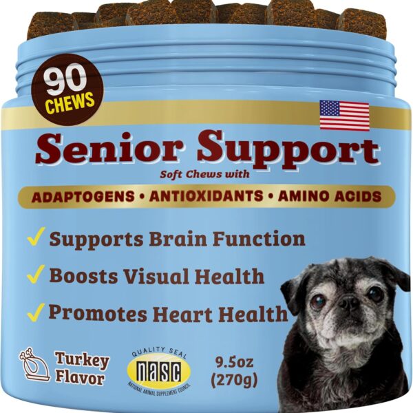 Natural Dog Company Senior Dog Vitamins Chew for Brain, Heart & Eye Health - Cognitive Support, Vision Clarity & Cardiovascular Function with Omega-3s, Lions Mane Senior Dog Supplements, 90 cnt