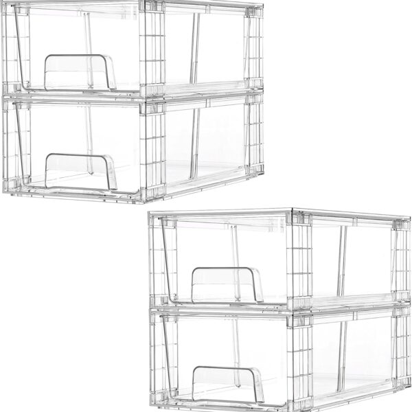 Vtopmart 4 Pack Stackable Storage Drawers,Clear Acrylic Drawer Organizers with Handles, Easily Assemble for Fridge, Bathroom,Kitchen Undersink,Cabinet,Pantry Organization and Storage